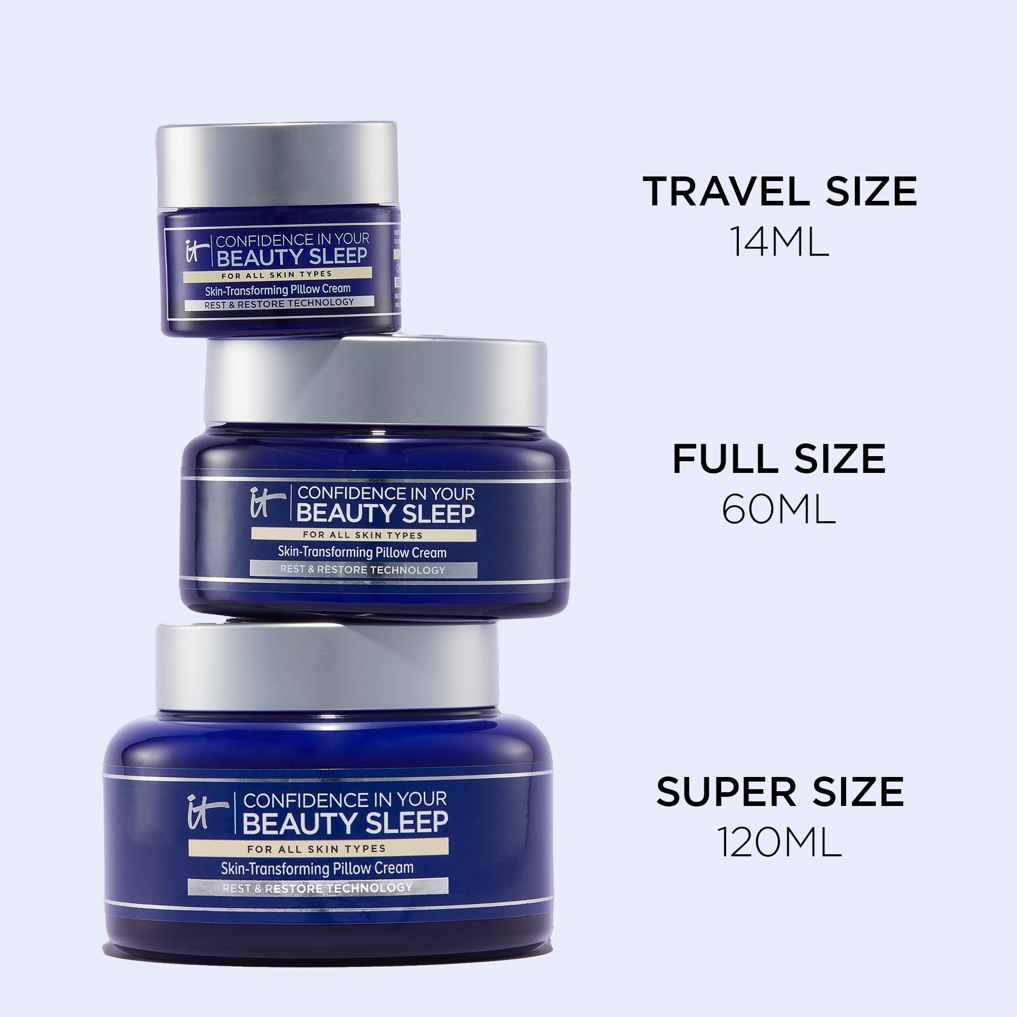Pots empilés de crème IT Cosmetics Confidence In Your Beauty Sleep en différentes tailles.