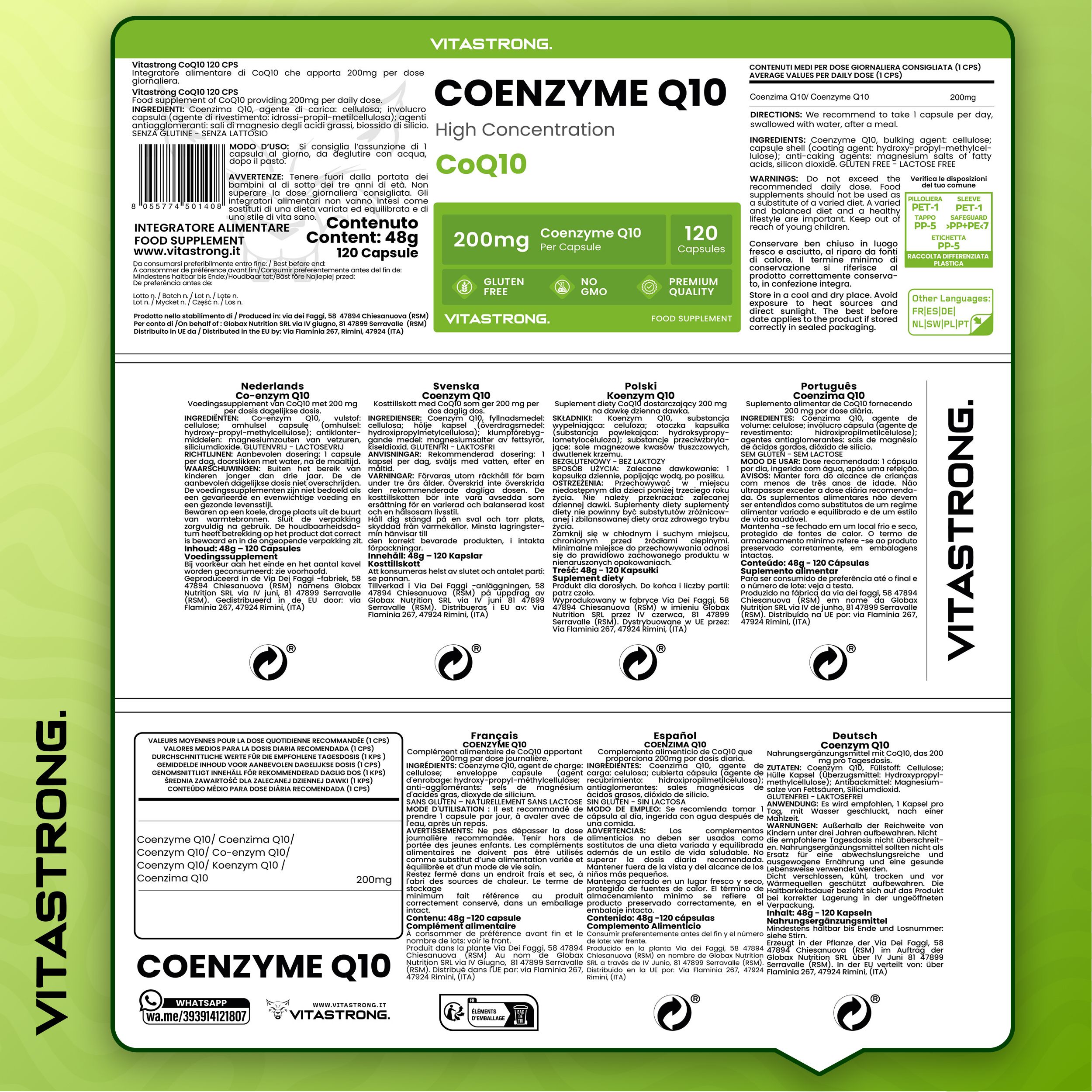 Informations produit multilingues. Coenzyme Q10, 200mg, 120 gélules. Ingrédients, utilisation, avertissements.