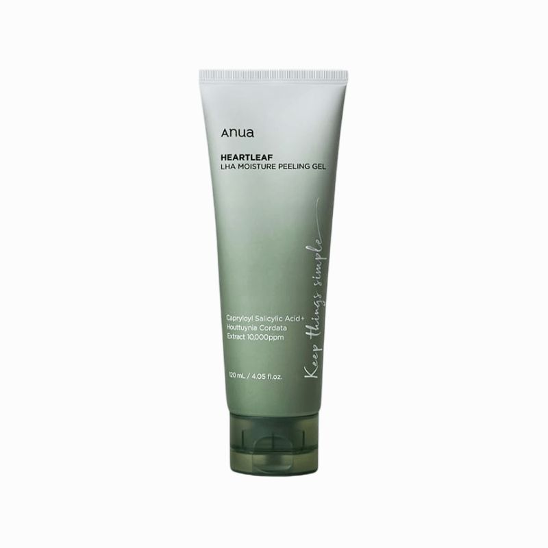 Groene tube met witte dop. Opschrift: ANUA, HEARTLEAF LHA MOISTURE PEELING GEL. Tekst: Keep things simple.