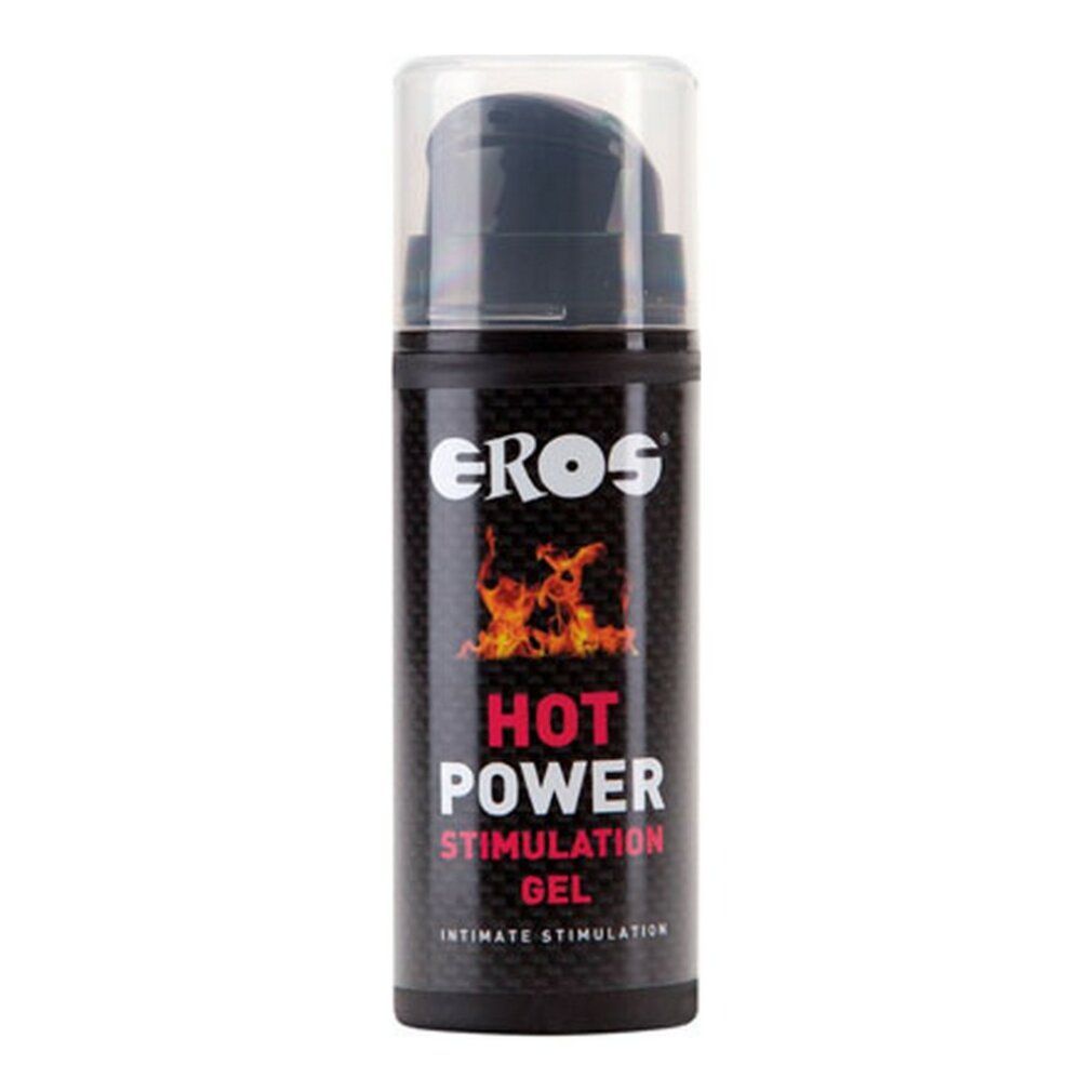 Flacon noir avec pompe doseuse. Inscription: EROS, HOT POWER STIMULATION GEL, Intimate Stimulation. Graphique de flammes.
