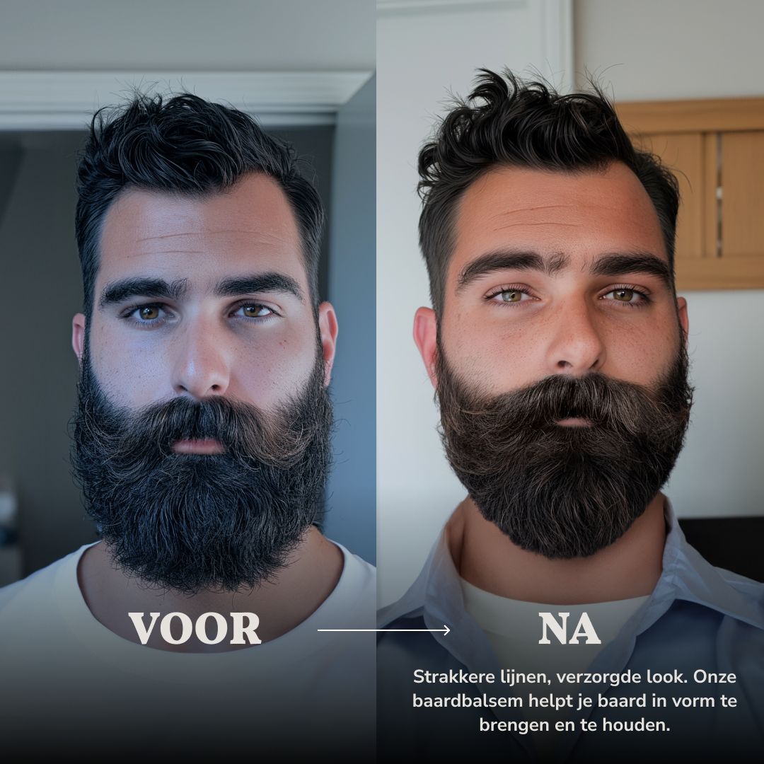 Voor-en-na vergelijking van baarden. De rechterbaard is verzorgder en gevormd. Tekst 'Voor' en 'Na'.