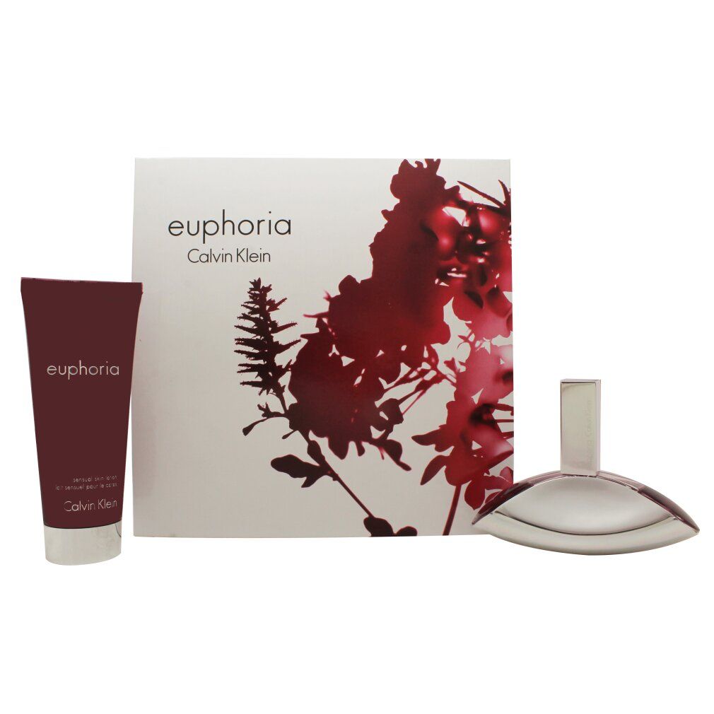 Coffret cadeau avec flacon, lotion pour le corps et boîte. Logo Euphoria et Calvin Klein sur la boîte.