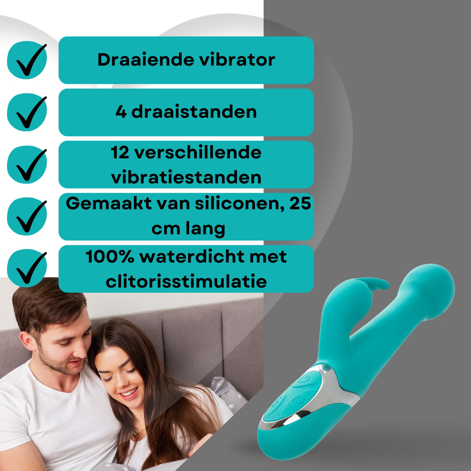 Turquoise vibrator met gebogen vorm. Tekst: Draaiende vibrator, 4 draaistanden.