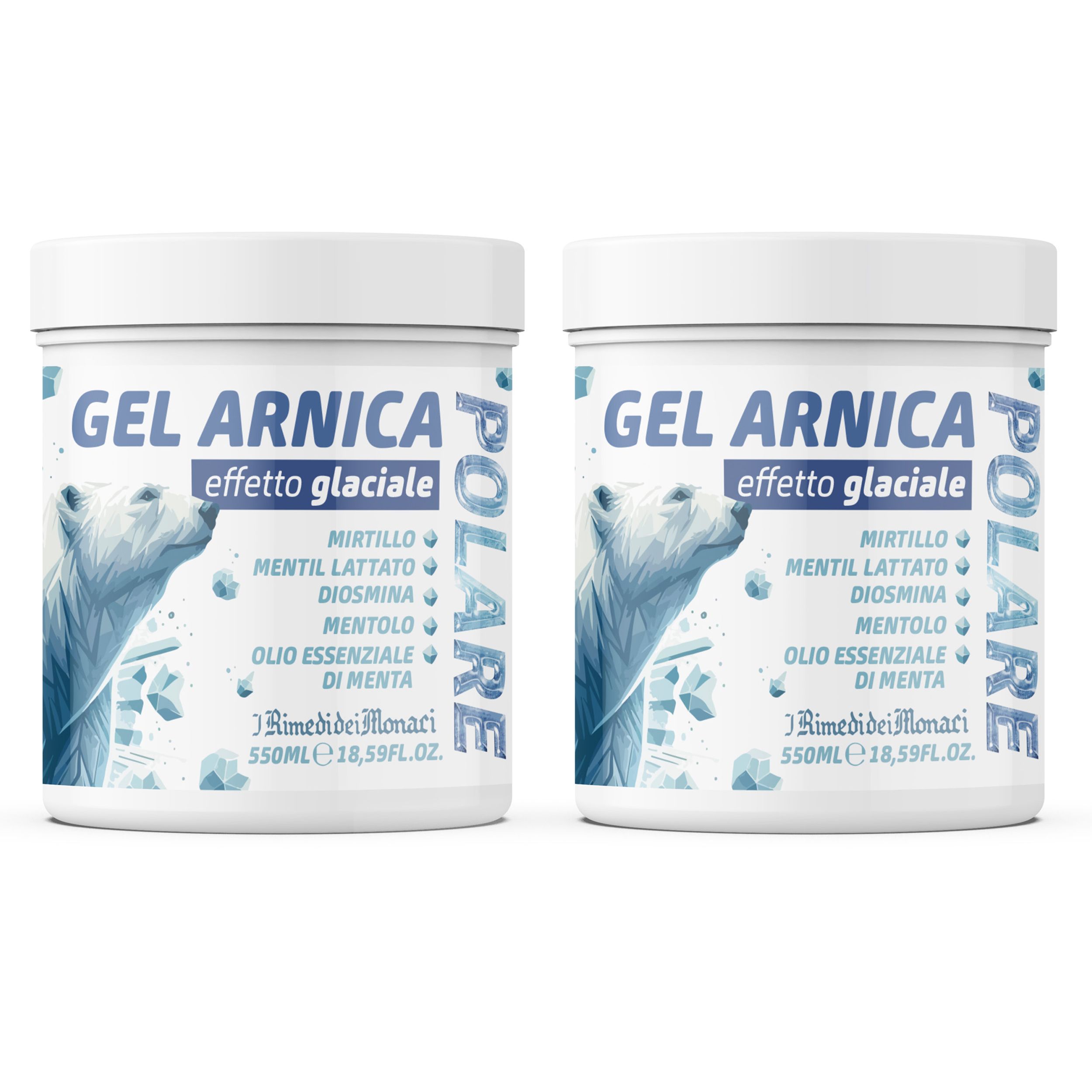 Twee witte potten met blauwe tekst. Opschrift: GEL ARNICA, effetto glaciale, ingrediënten. Merk: Rimedi dei Monaci.
