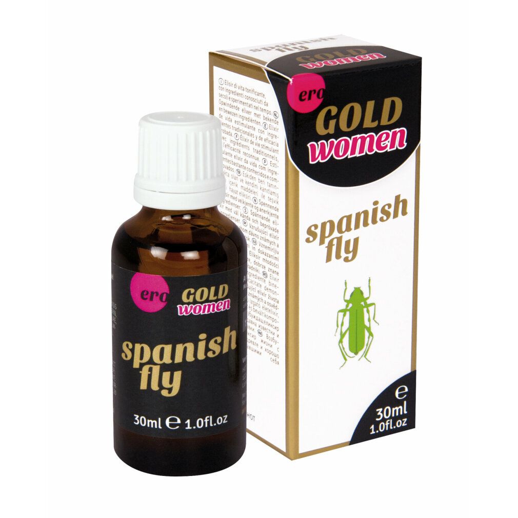 Bruine glazen fles met witte dop, naast een doos. Beide gelabeld "Spanish Fly" met insectensymbool. 30ml.