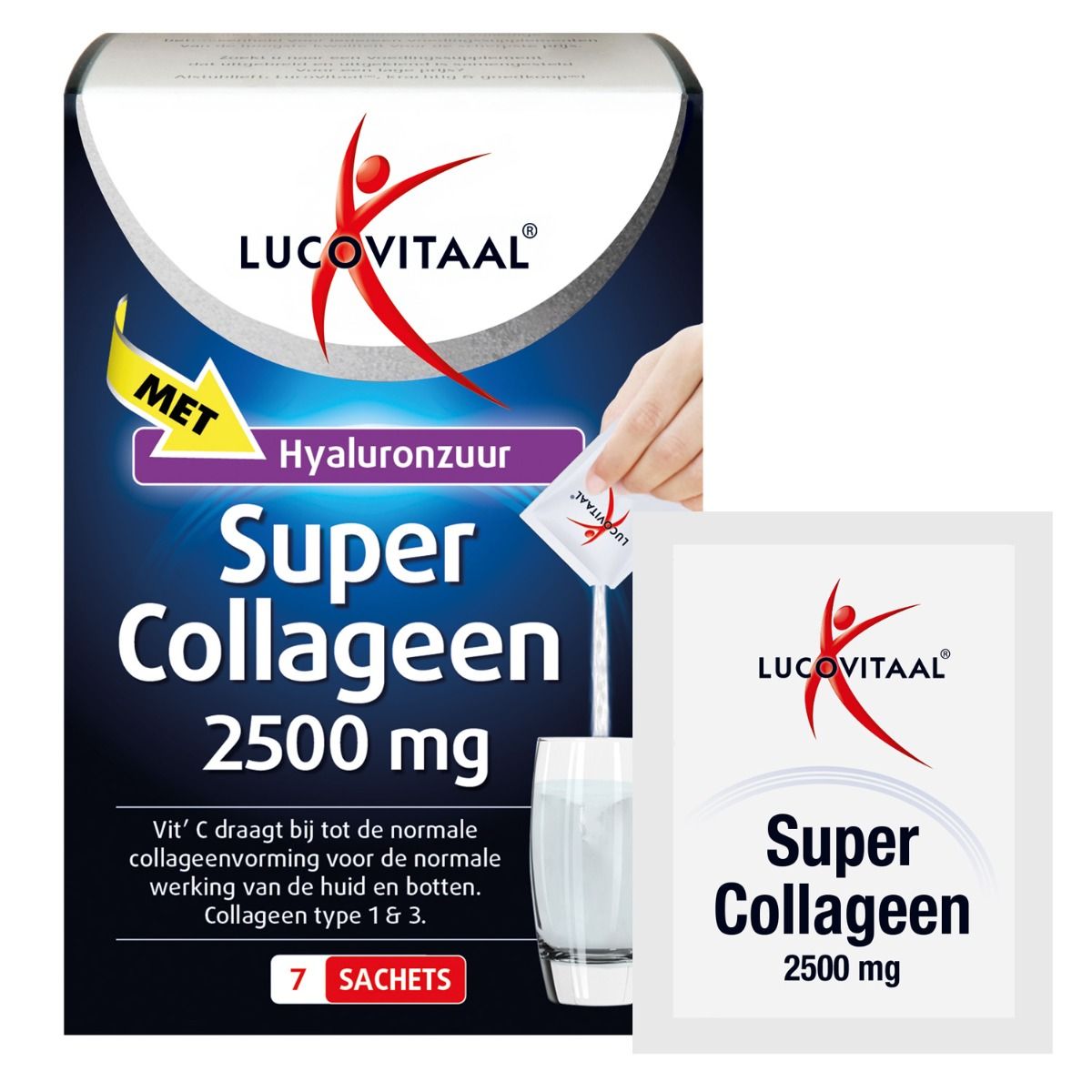 Emballage Super Collageen avec un sachet et un verre. Inscription : 2500 mg. Un sachet à côté.