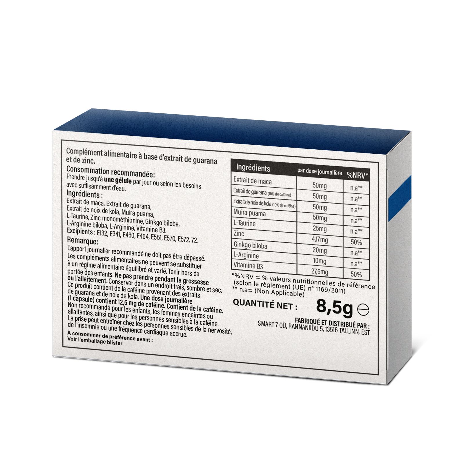 Dos de la boîte de Viadiax® Filmtabletten. Ingrédients : extrait de maca, zinc, etc. Poids net : 8,5g.