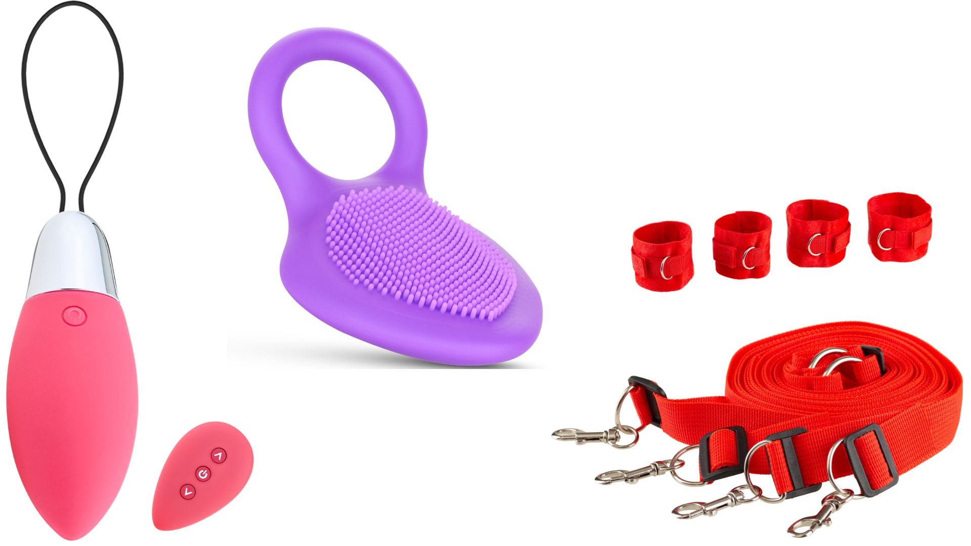 Divers jouets érotiques : vibrateur, vibrateur annulaire, entraves et sangles.