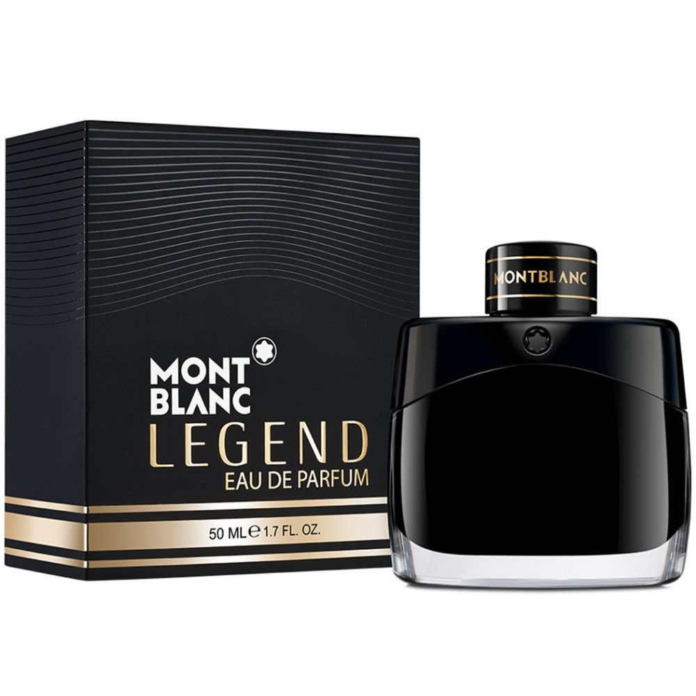 Flacon noir et emballage de Montblanc Legend Eau de Parfum. Flacon avec bouchon noir et lettrage doré.