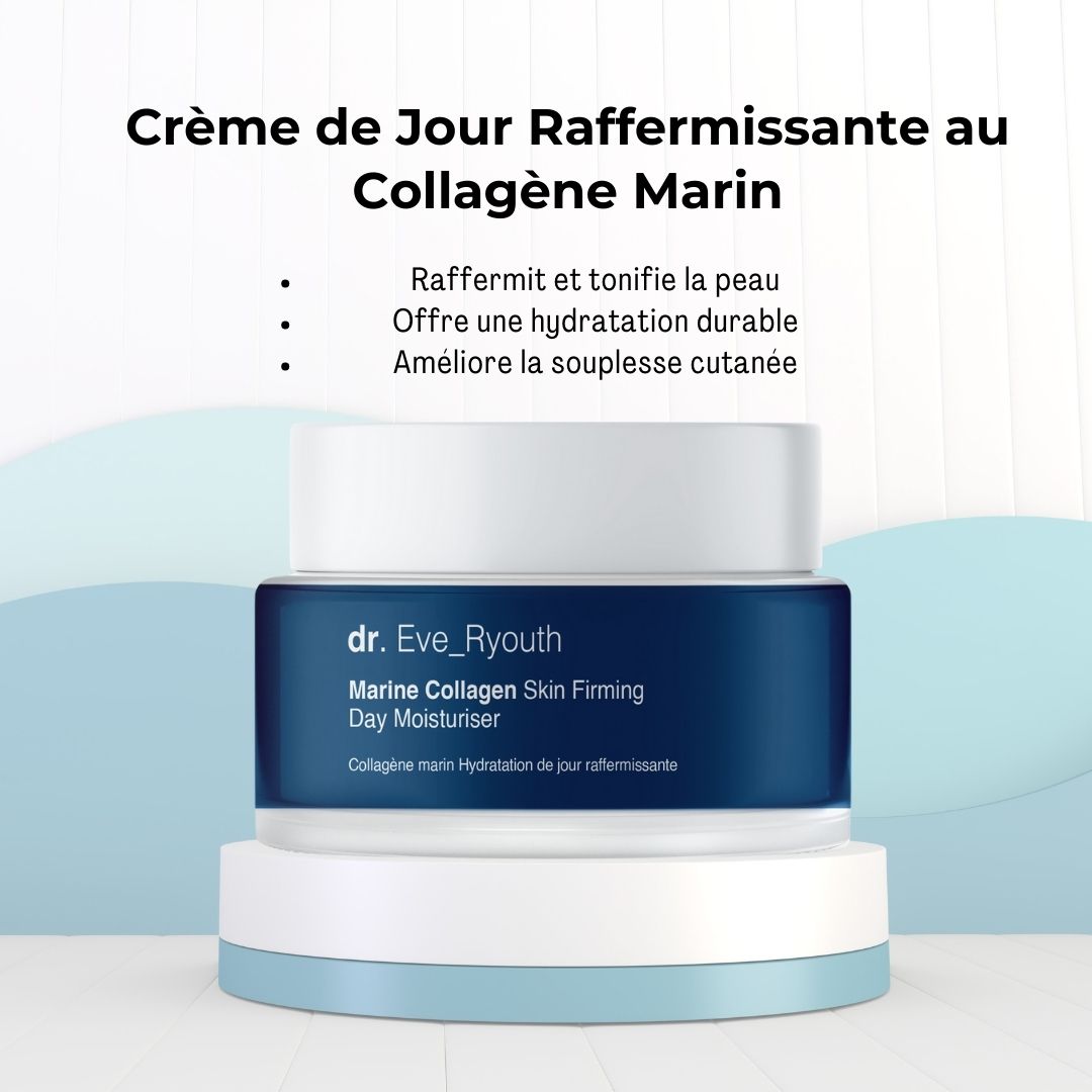 Crème hydratante de jour sur une plateforme surélevée. Inscription: Marine Collagen Skin Firming Day Moisturiser. Texte: Crème de Jour Raffermissante.
