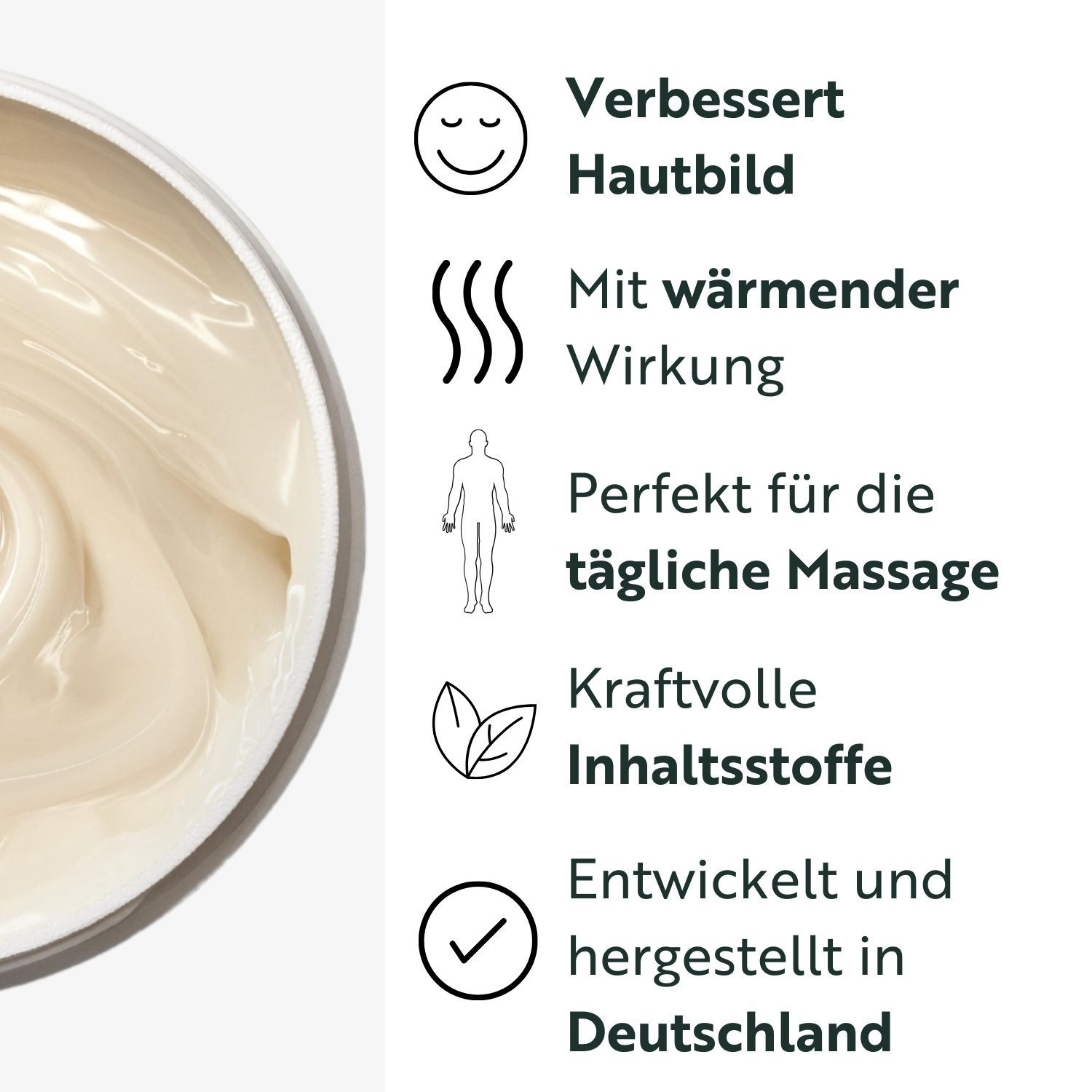 Tekst met iconen: Verbetert huidbeeld, Met verwarmend effect, Perfect voor dagelijkse massage, Krachtige ingrediënten, Gemaakt in Duitsland.