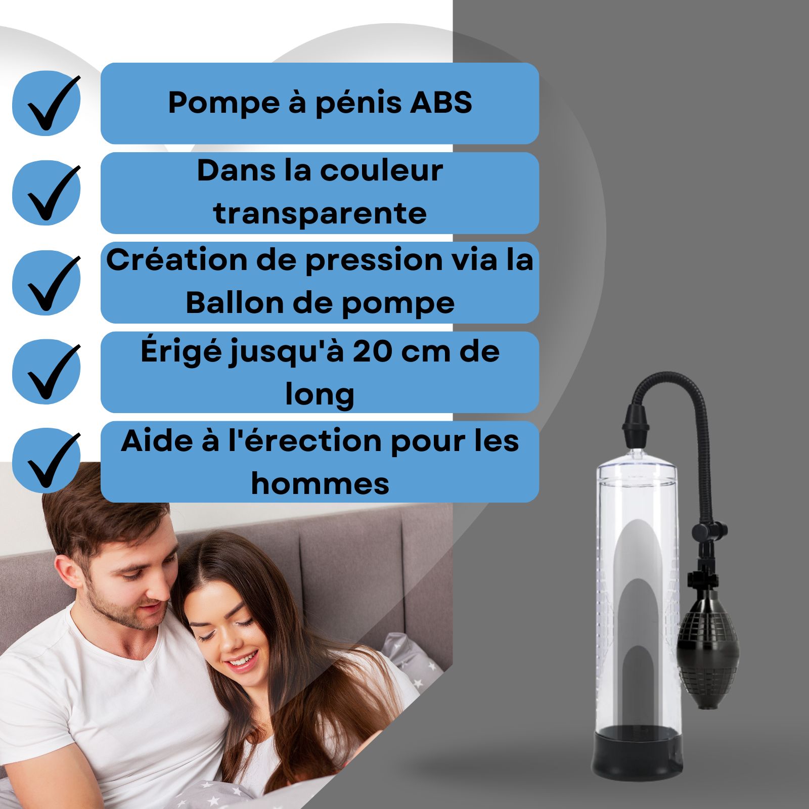 Pompe à pénis avec poire, transparente. Texte: 20 cm érigé, aide à l'érection.