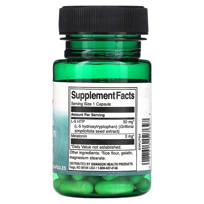 Groene capsules in een groene fles met zwarte dop. Label met voedingsfeiten, 5-HTP en melatonine.