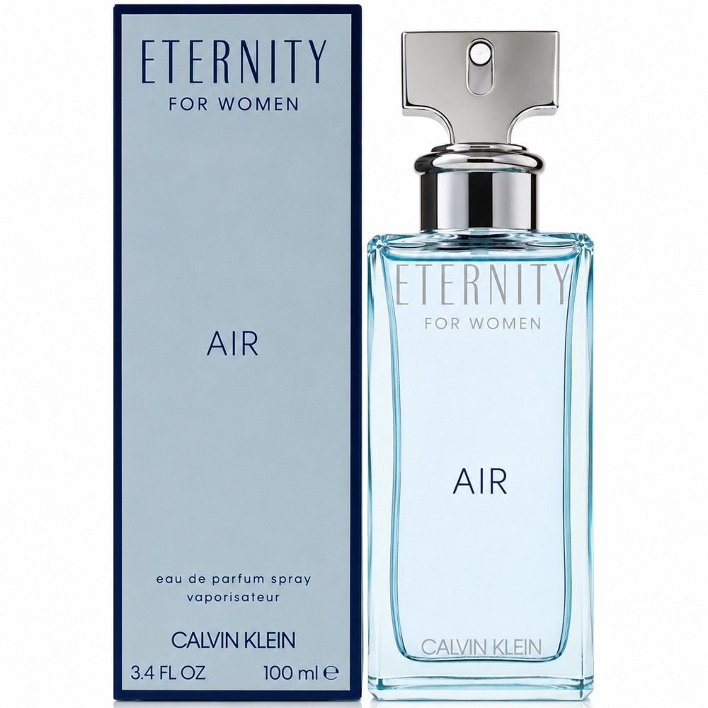 Ensemble Calvin Klein Eternity Air Eau de Parfum pour femme. Flacon et boîte rectangulaire avec vaporisateur argenté.