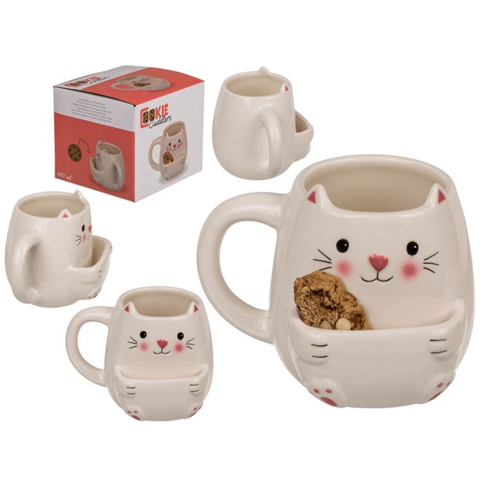 Meerdere aanzichten van de kattenbeker met koekjesvak en verpakking. Opschrift 'COOKIE CUDDLERS'.