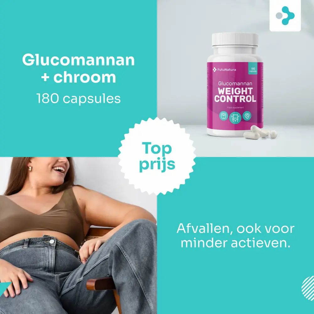 Fles 'WEIGHT CONTROL' en capsules. Zittende vrouw. Tekst: 'Top prijs' en 'Afvallen'.