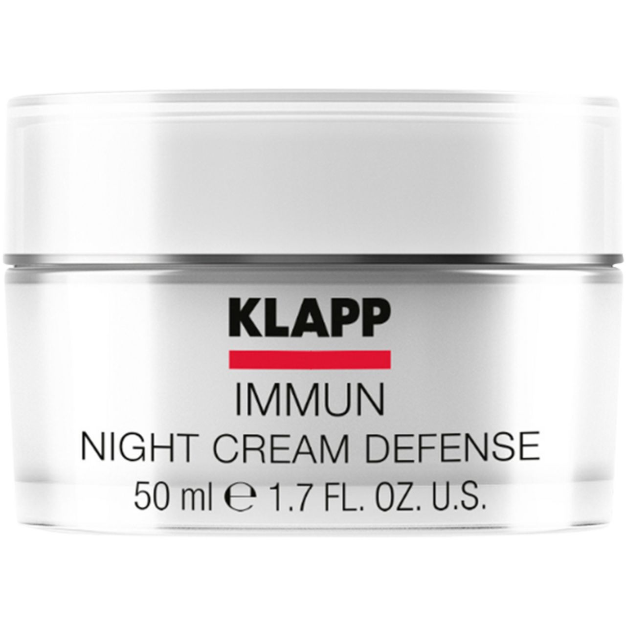 Klapp Immun Night Cream Defense. Crème in een glazen pot met zilveren deksel. Productnaam, merk en volume-aanduiding zichtbaar.