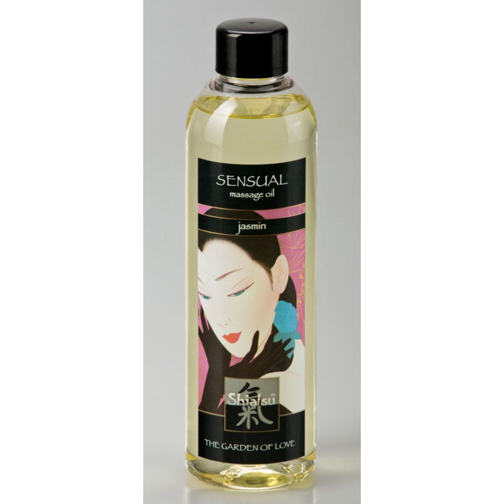 Flacon d'huile de massage avec bouchon noir. Inscription: Sensual Massage Oil Jasmin. Illustration d'une femme. 250ml/8.5 fl.oz.