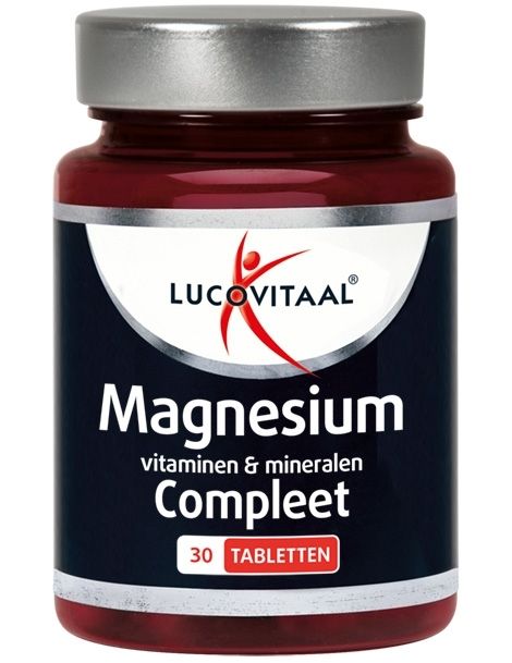 Bruine fles met zilveren dop. Bevat Lucovitaal Magnesium, Vitaminen & Mineralen Compleet. 30 tabletten.