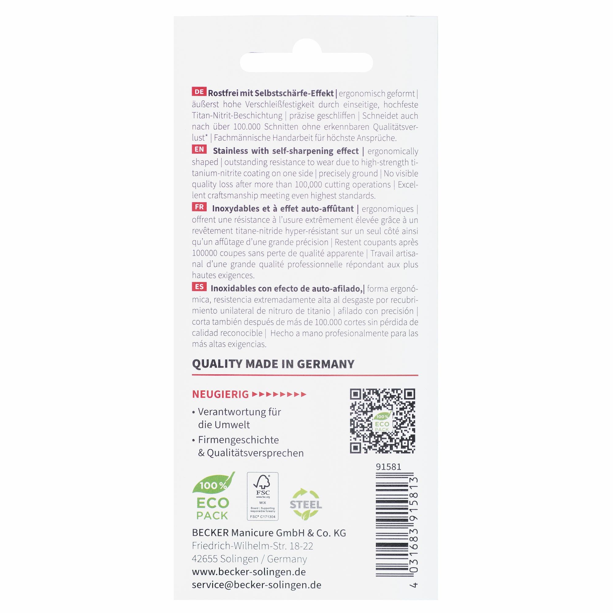 Dos de l'emballage avec texte multilingue. Informations sur les matériaux et l'origine.