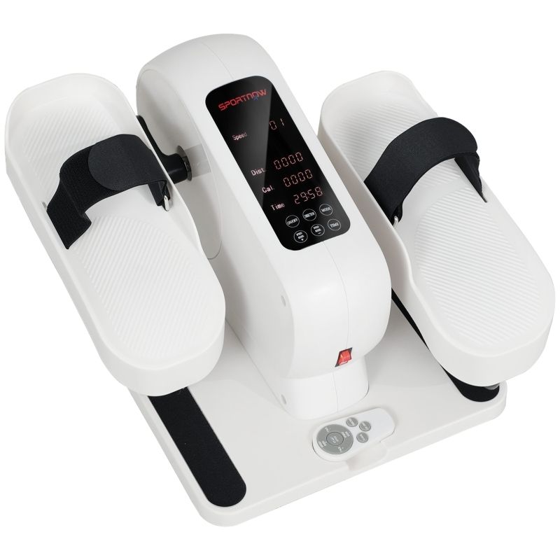 Witte mini-elliptische trainer met display. Zwarte banden, rode knop. Weergave van gegevens.