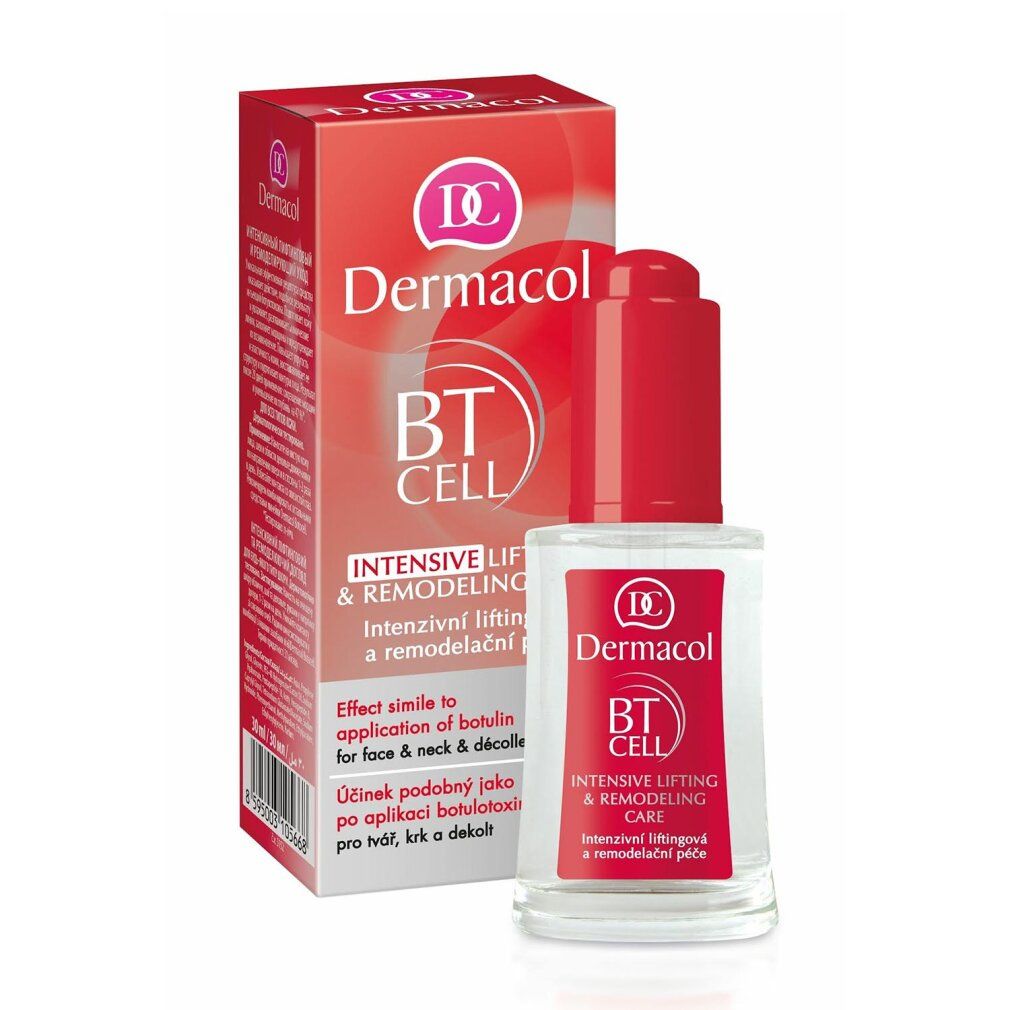Flacon de sérum avec bouchon rouge et emballage. Inscription : Dermacol BT CELL Intensive Lifting & Remodeling Care.