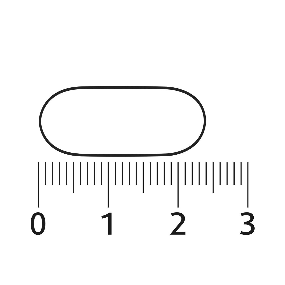 Contour de capsule avec échelle. La capsule est ovale et mesure environ 2 cm.