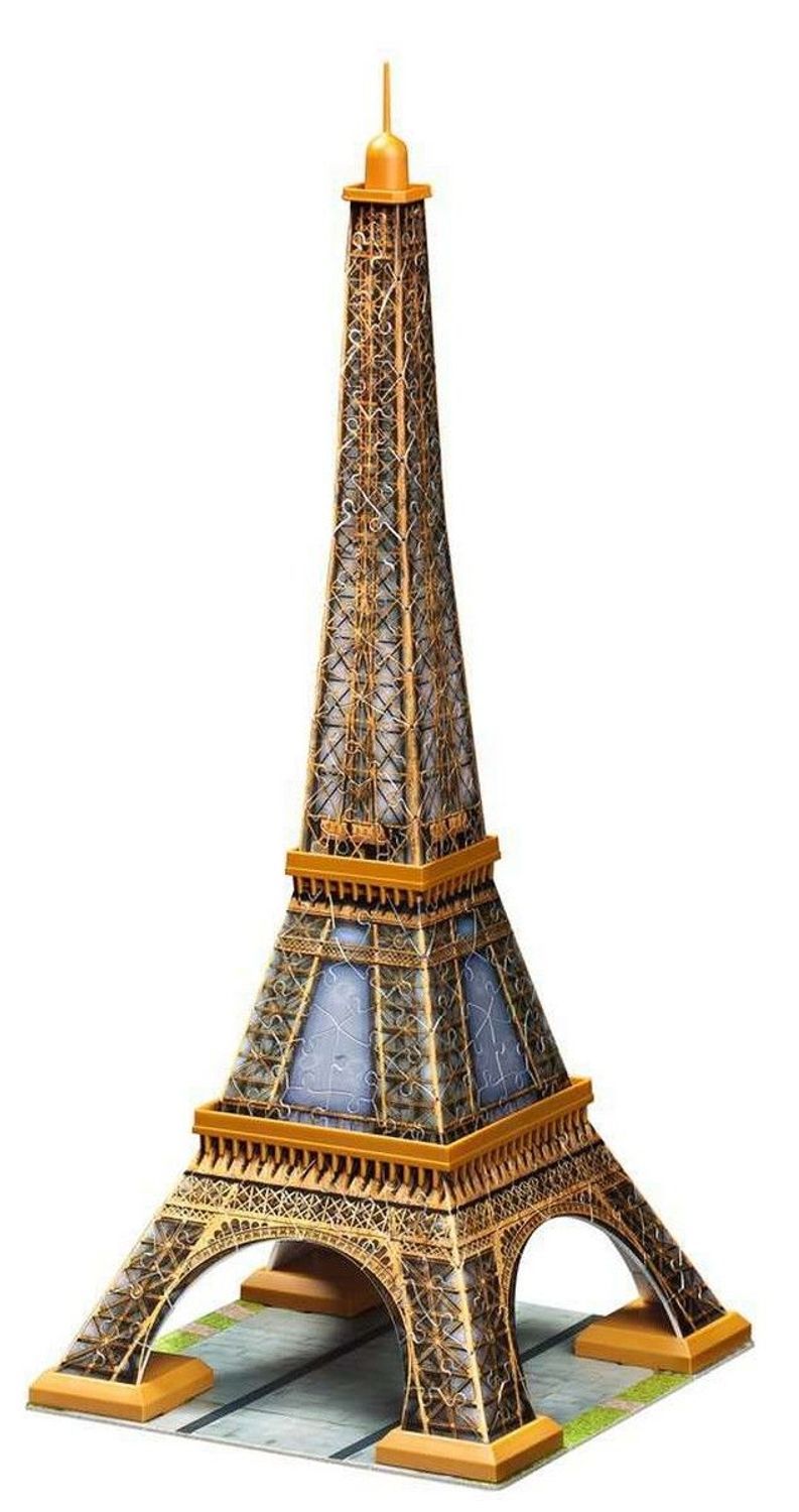 Afgebouwde 3D-puzzel Eiffeltoren. Goud- en bruinkleurige details. Blauwe ramen. Op een grijze basis. Zonder achtergrond.