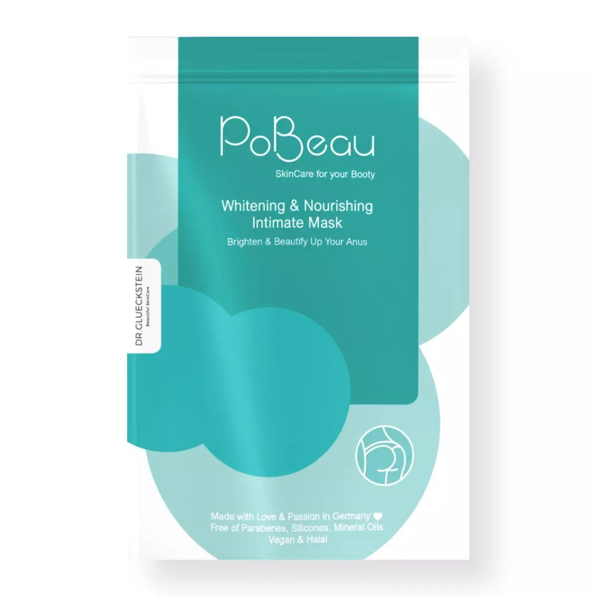 Masque intime Pobeau dans son emballage. Sachet blanc et turquoise avec nom du produit, description et logo. Texte : Whitening & Nourishing Intimate Mask.