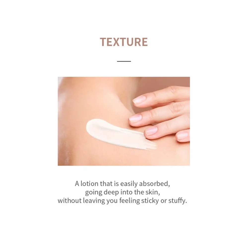 Hand brengt lotion aan op de huid. Tekst: A lotion that is easily absorbed, going deep into the skin.
