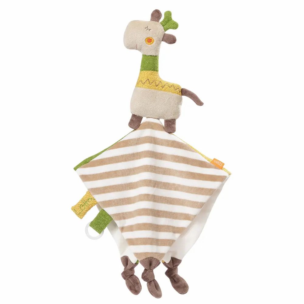 Doudou girafe avec tête de girafe et tissu à rayures. Beige, marron, vert et jaune. Avec nœuds et anneau.