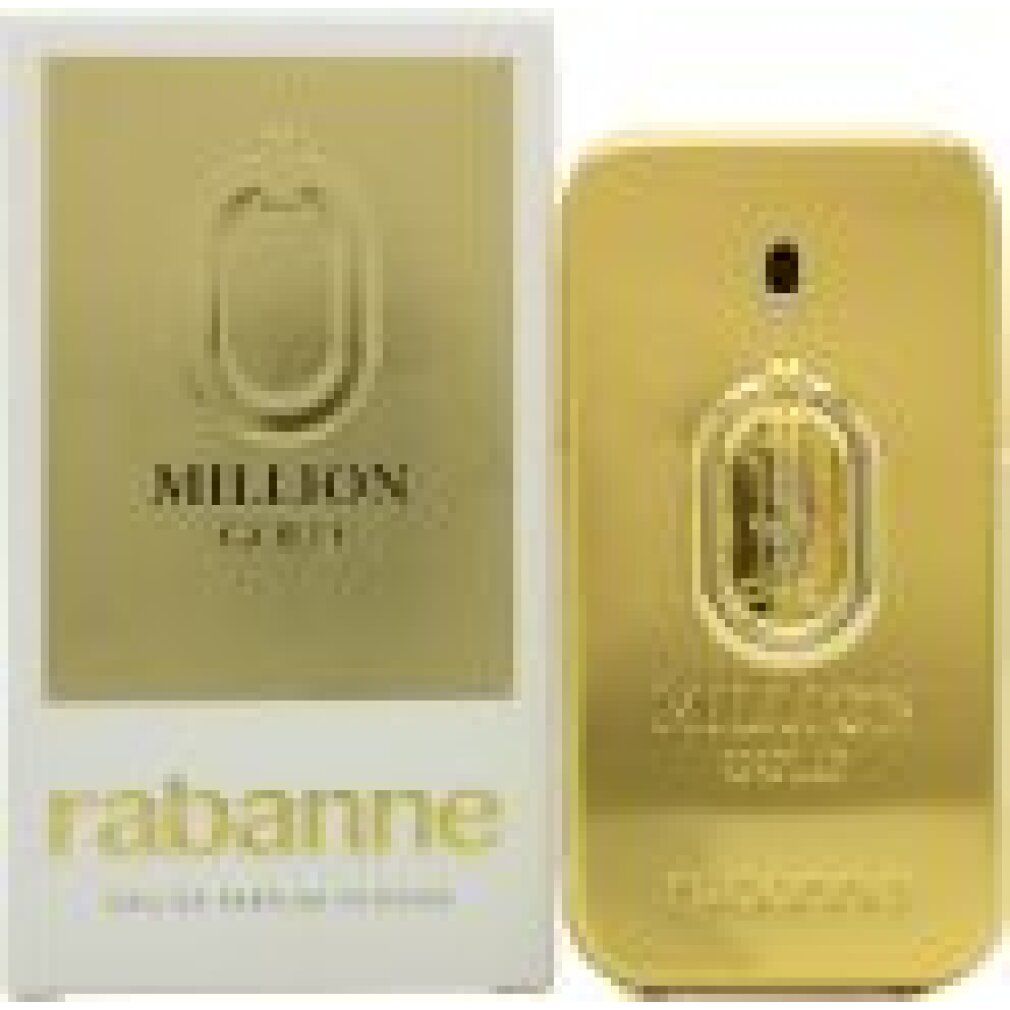 Gouden flacon en verpakking met "Million Gold" en "rabanne". Rechthoekige vorm, gouden details.