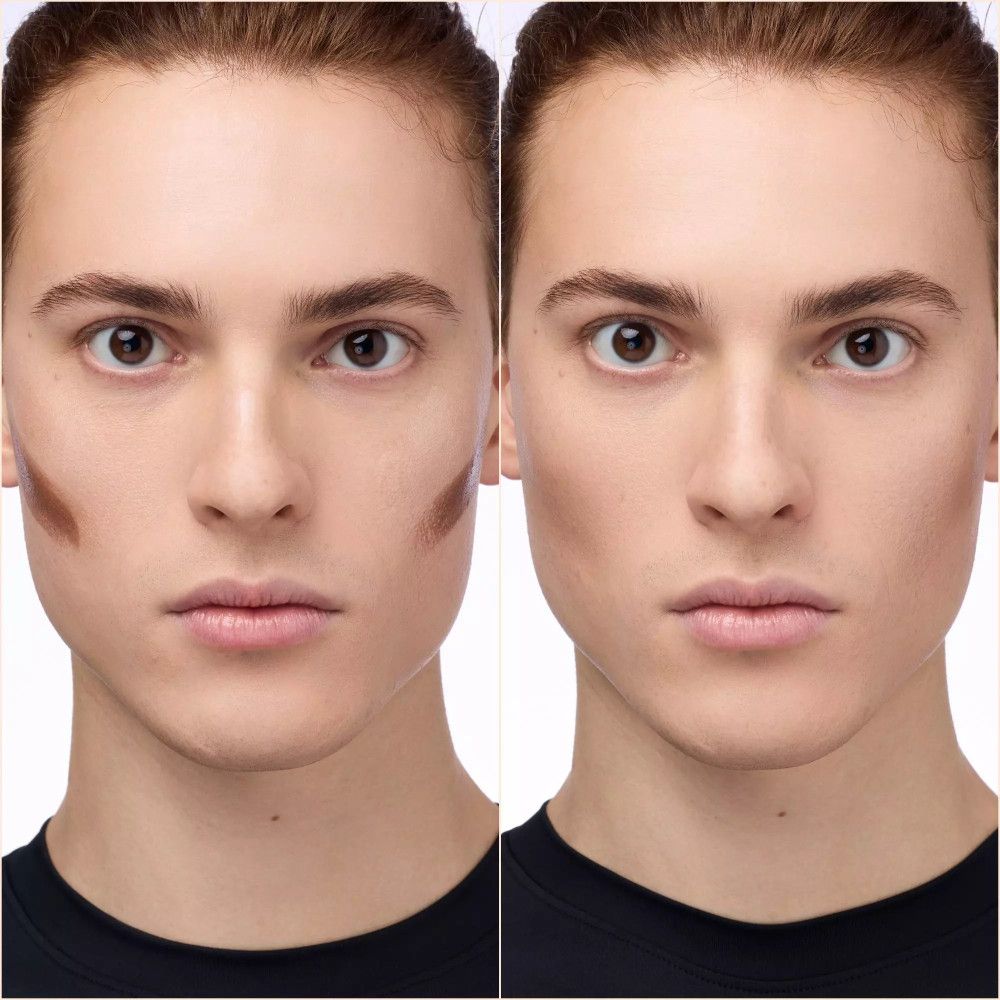 Voor-en-na vergelijking van een man met contouring. Duidelijke verschillen in het gezicht.