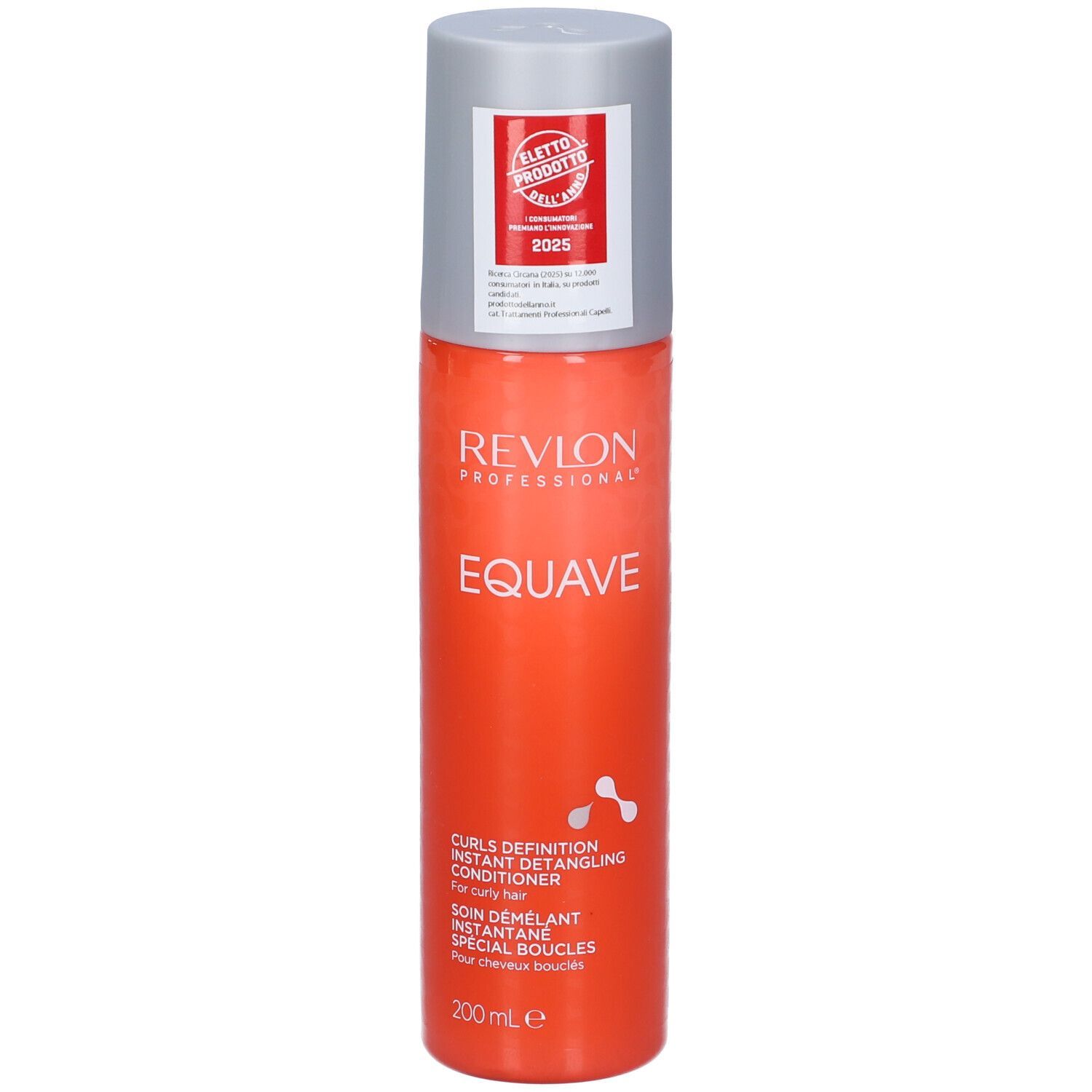 Revlon EQUAVE Curls Detangling Conditioning. Flacon orange et bouchon argenté. Texte et logo.