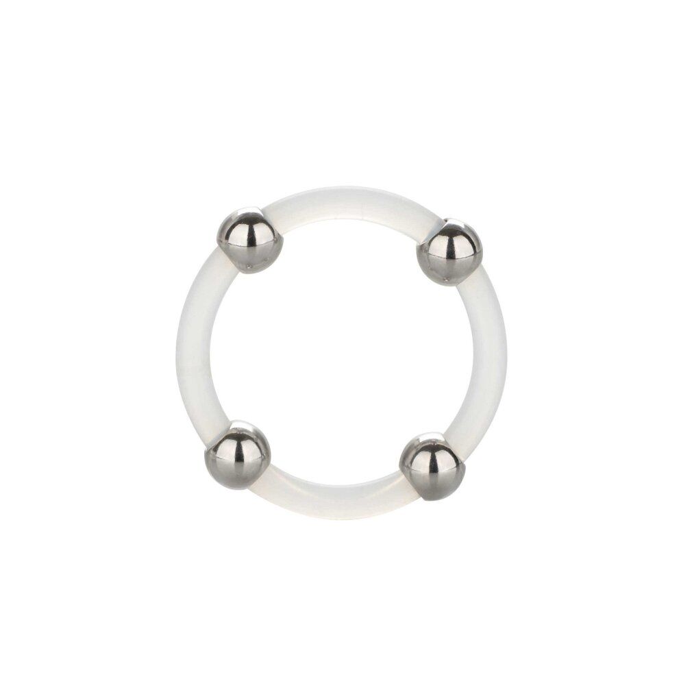Anneau en silicone transparent avec quatre billes métalliques. Forme circulaire.