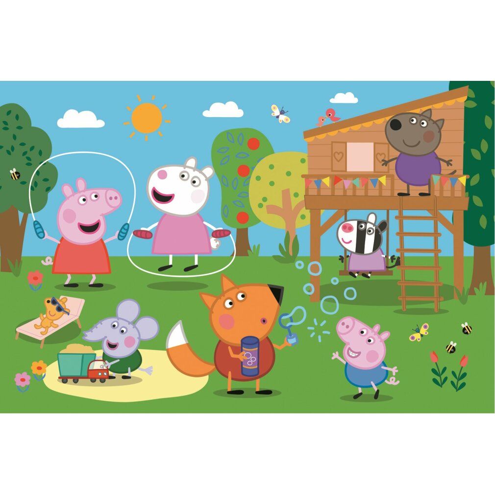 Puzzelscène met Peppa Pig en vrienden in de tuin. Personages touwtjespringen, spelen. Zon, boomhut, bloemen, vlinders.