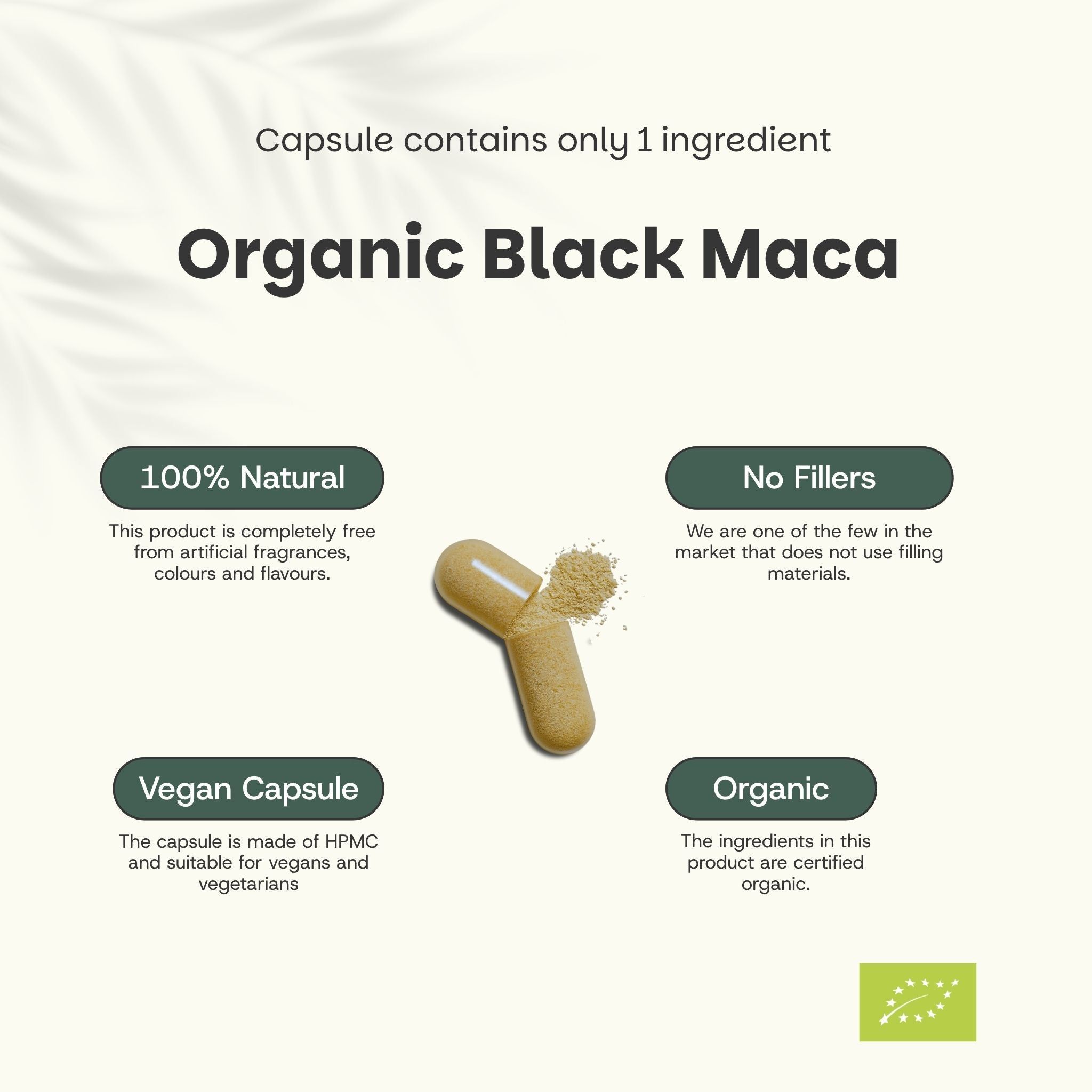 Sachet de gélules. Inscription : Black Maca Organic Supplements. 100 gélules. Deux gélules à côté. Texte sur fond vert.