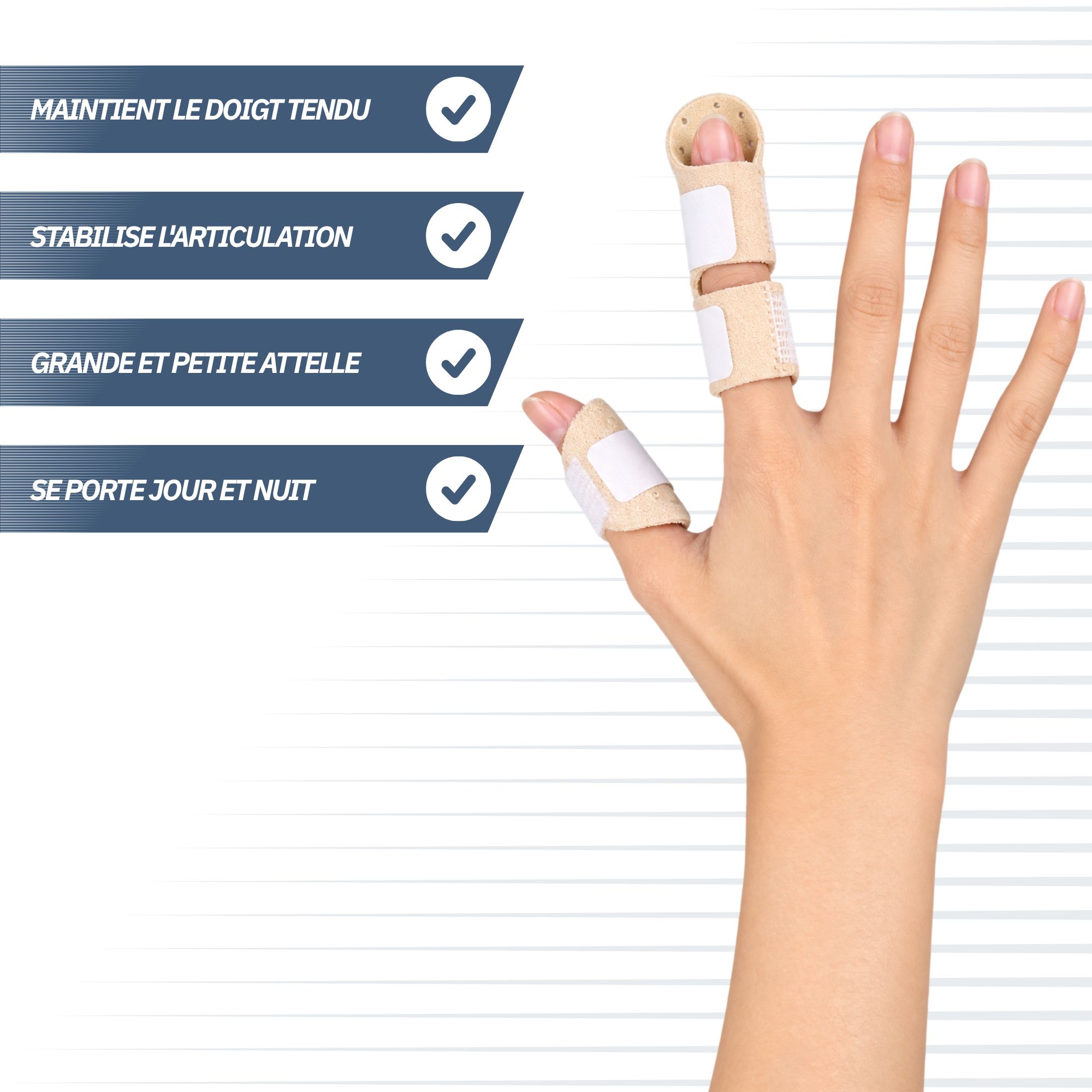 Attelles pour doigts pour stabiliser les articulations, avec fermeture velcro.