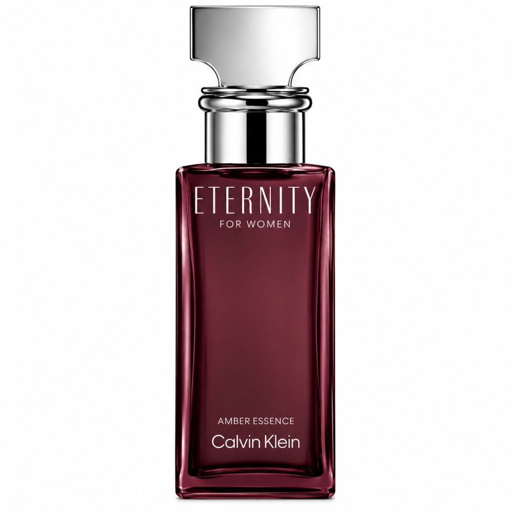 Eternity for Women Amber Essence Calvin Klein parfumfles, donkerrode inhoud, zilveren dop.