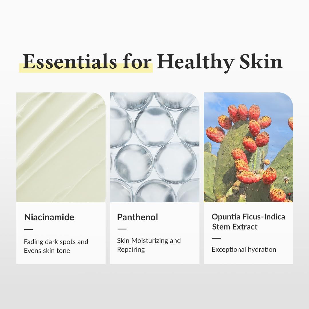 Trois images: Niacinamide, Panthénol, Opuntia Ficus-Indica. Texte: Essentials for Healthy Skin.
