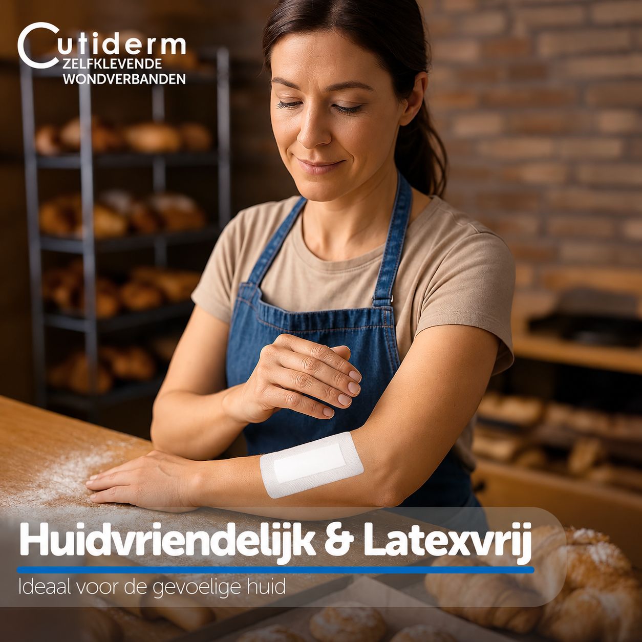 Een vrouw met een verband op haar onderarm. Cutiderm logo linksboven.