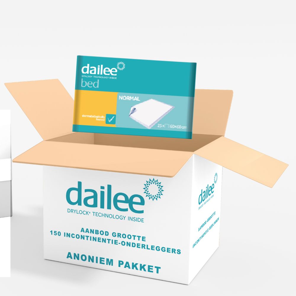 Dailee Bed incontinentie bedonderlegger, 150 stuks. Product in kartonnen verpakking met logo.
