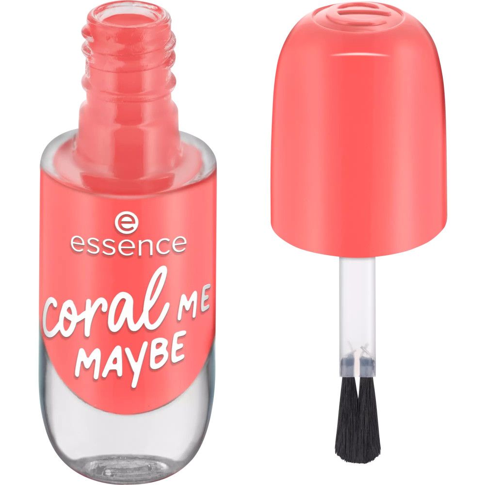 Flacon de vernis à ongles avec pinceau et bouchon. Inscription: essence coral ME MAYBE.