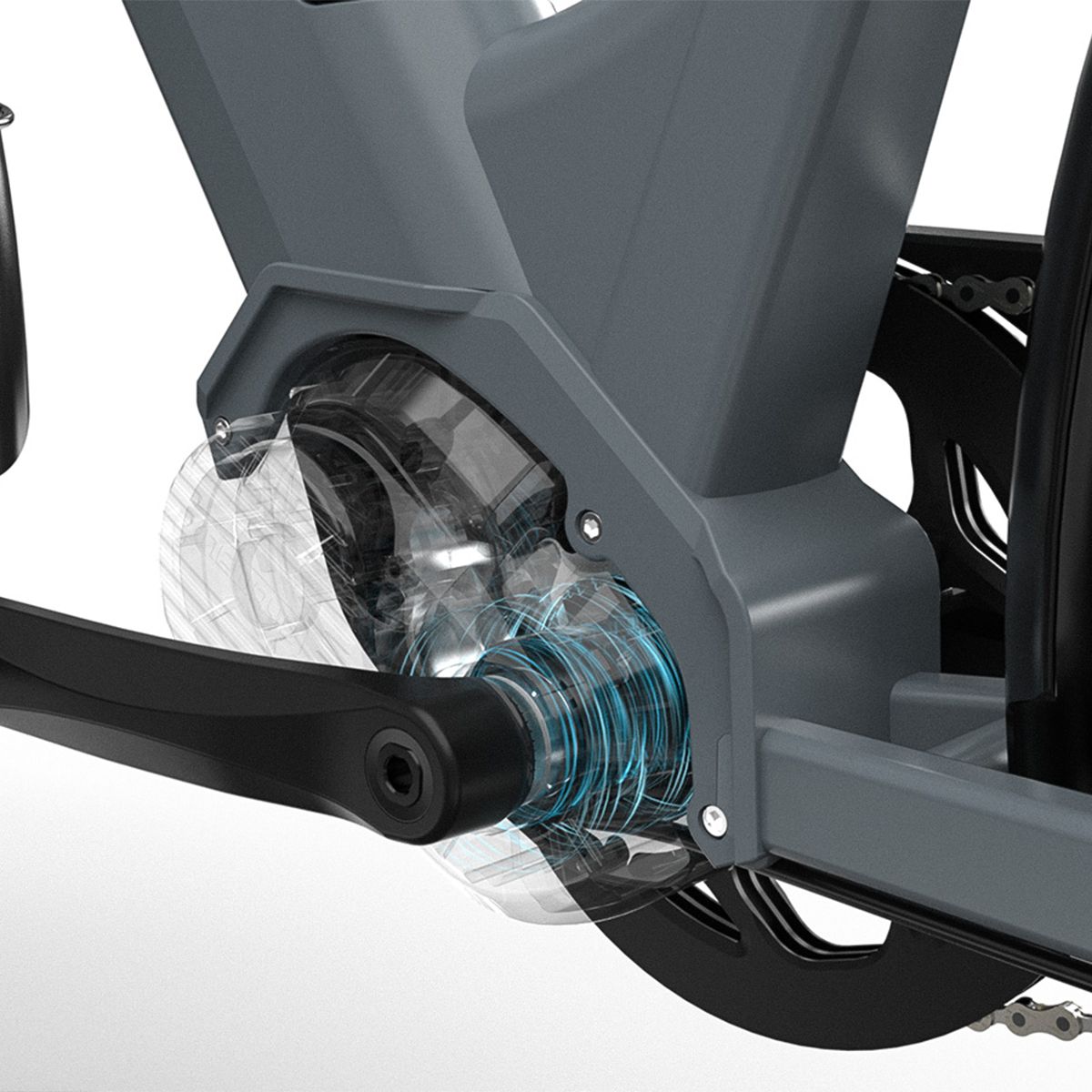 Close-up van de centrale motor van een grijze e-bike. Transparante afdekking toont de mechaniek.