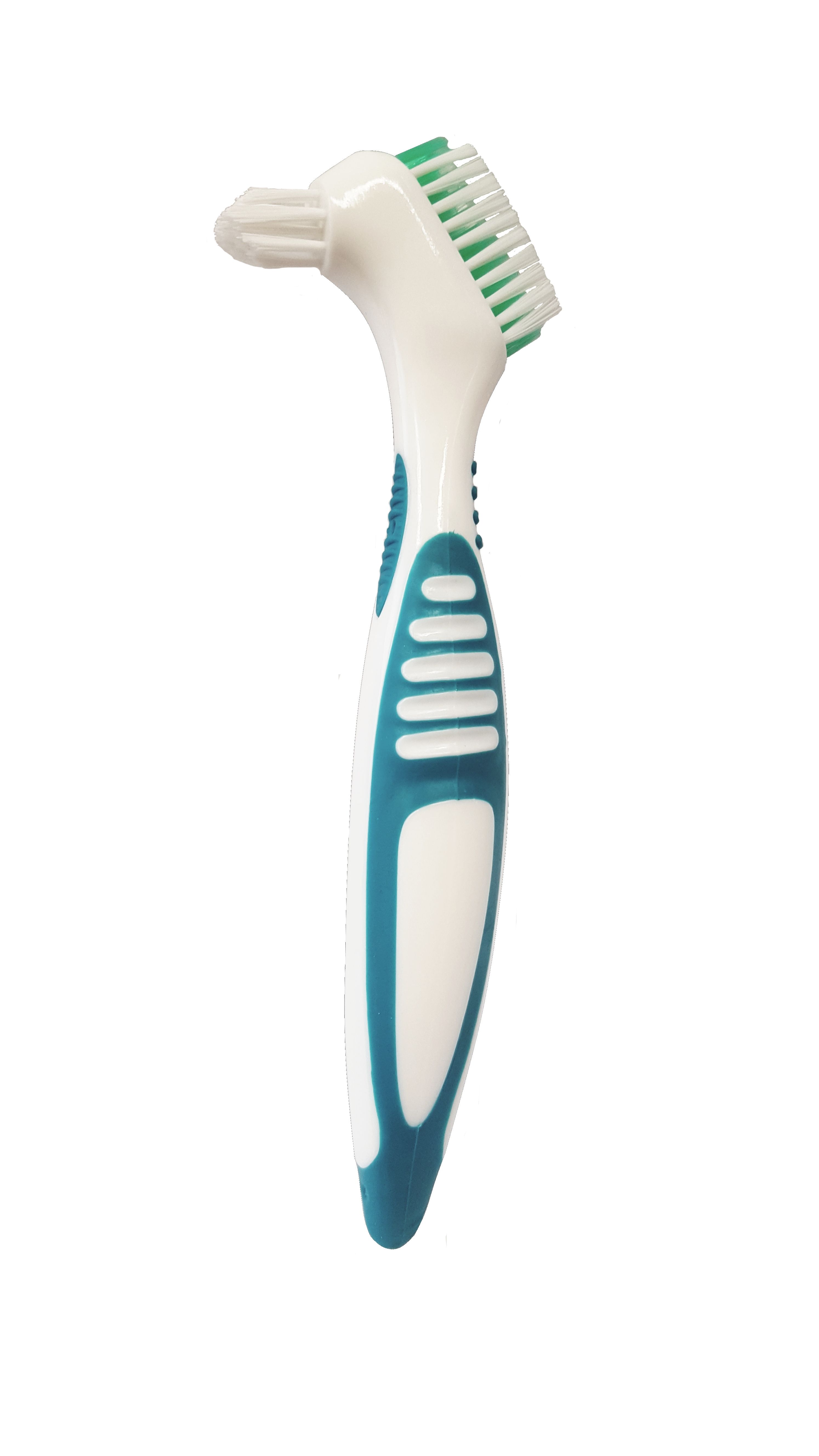 Brosse à prothèse dentaire, manche bleu et poils verts. Tête de brosse en deux parties. Plastique blanc.