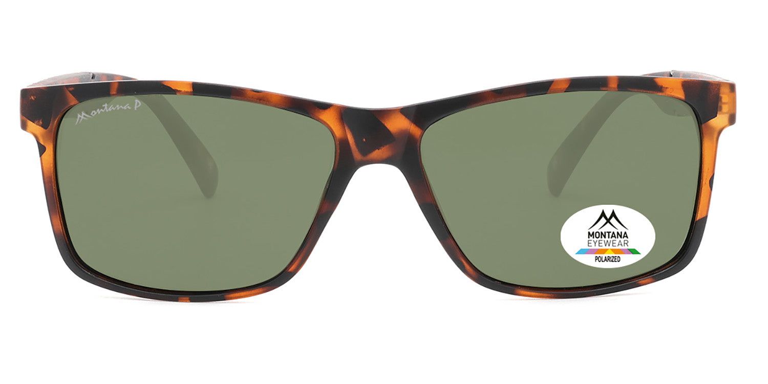 Lunettes de soleil marron et vertes. Un autocollant sur le verre indique 'Polarized' et un logo. Monture rectangulaire.