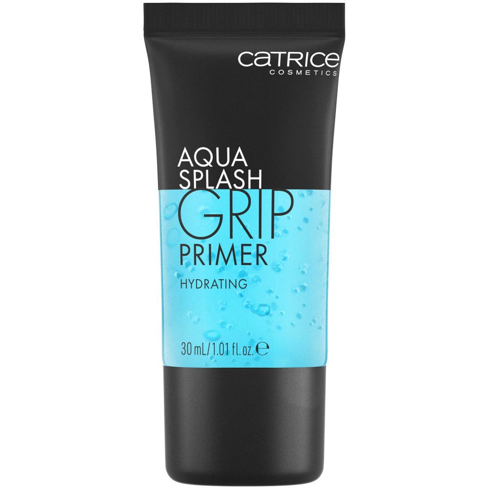 Tube noir et bleu. Inscription: Aqua Splash Grip Primer Hydrating. Marque: Catrice Cosmetics. En bas: 30 ml/1.01 fl.oz.e.