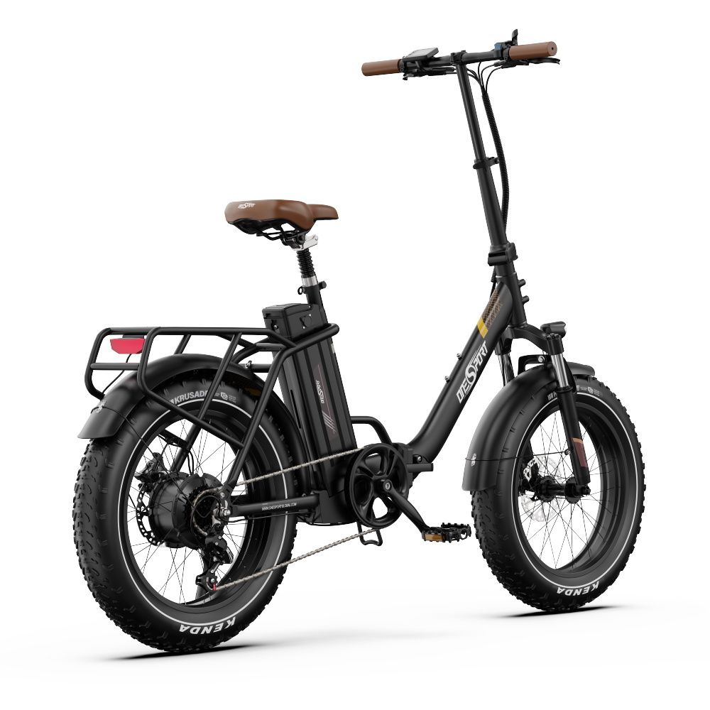Vélo électrique pliable noir avec selle et guidon marron. Porte-bagages arrière.