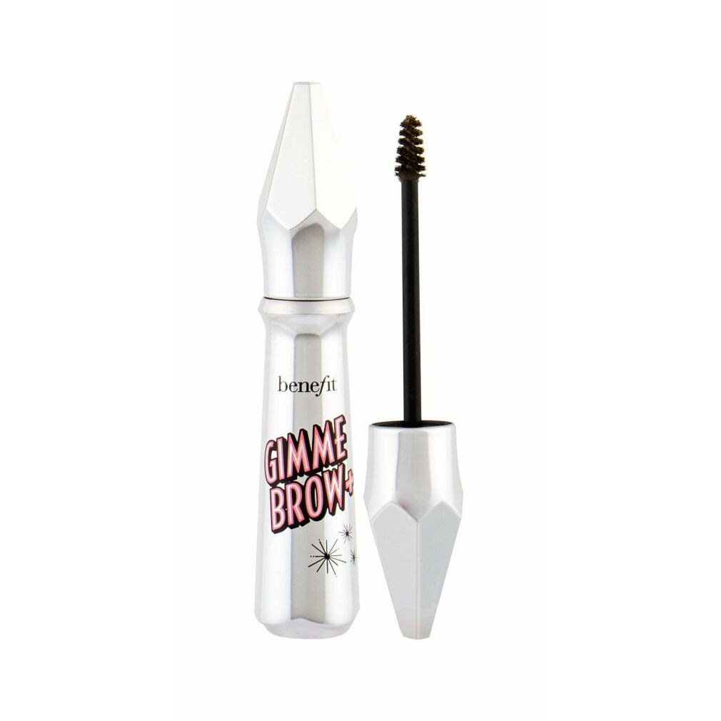 Zilveren tube met zwarte borstel. Opschrift: Benefit Gimme Brow+. Zwarte borstel met bruine vezels.