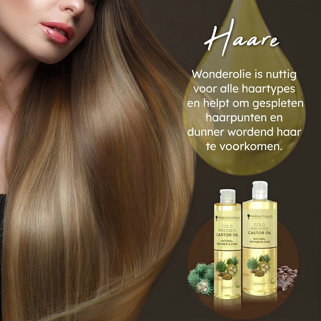 Twee flessen koudgeperste castorolie voor haar. Eén fles toont 250ml, de andere 500ml.